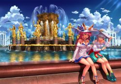 Rule 34 | anastasia (fate), animal ear fluff, animal ears, bare shoulders, blue dress, blue eyes, blue skirt, blue sky, blush, bottle, breasts, cleavage, cloud, contemporary, day, dress, ears through headwear, fate/extra, fate/grand order, fate (series), fountain, fox ears, fox girl, fox tail, hair over one eye, hat, large breasts, layered dress, legs, long hair, long sleeves, npcpepper, outdoors, pink hair, shirt, silver hair, sitting, skirt, sky, smile, sun hat, tail, tamamo (fate), tamamo no mae (fate/extra), water, white dress, white headwear, white shirt, yellow eyes