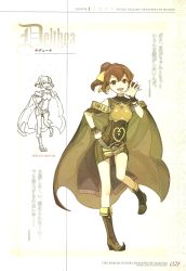 Rule 34 | 1girl, armor, bare shoulders, blush, boots, bracelet, breastplate, brown eyes, brown hair, character name, delthea (fire emblem), dress, fang, fire emblem, fire emblem echoes: shadows of valentia, full body, hidari (left side), highres, jewelry, long hair, looking at viewer, multiple views, nintendo, non-web source, official art, open mouth, ponytail, sketch, smile, standing, standing on one leg