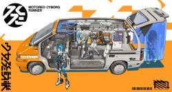 Rule 34 | 4girls, absurdres, afukuro, blonde hair, blue hair, car, curtains, cyborg, full body, highres, joints, leggings, long hair, maintenance, motor vehicle, multiple girls, orange background, original, robot joints, roller skates, science fiction, shoes, short hair, shorts, shoujo hatsudouki, sitting, skates, sneakers, standing, stretching, thighhighs, toolbox, tools, two-tone background, undressing, very long hair, white background, white hair, x-ray