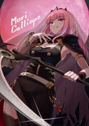 Rule 34 | 1girl, absurdres, armpits, black nails, blunt bangs, breasts, cape, character name, cowboy shot, gleam, hand on own chest, highres, holding, holding scythe, hololive, hololive english, large breasts, long hair, looking at viewer, miu (angelo whitechoc), moon, mori calliope, mori calliope (1st costume), perspective, pink hair, pink moon, red eyes, scythe, sidelocks, single sleeve, smirk, spiked cape, torn cape, torn clothes, veil, virtual youtuber