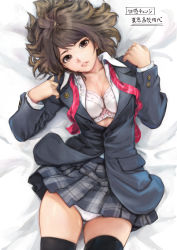 Rule 34 | 1girl, black thighhighs, blazer, blouse, bra, breasts, brown eyes, brown hair, carina (xiaowoo), character name, cleavage, clothes lift, collared shirt, copyright name, cowboy shot, from above, head tilt, highres, indoors, jacket, leaning to the side, looking at viewer, lying, mayu (carina), miniskirt, necktie, on back, open clothes, open shirt, original, panties, panty peek, pantyshot, parted bangs, parted lips, plaid, plaid skirt, pleated skirt, pocket, school uniform, shirt, short hair, skirt, solo, thighhighs, thighs, underwear, undone necktie, white panties, white shirt