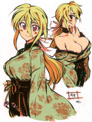 Rule 34 | 1girl, bare shoulders, blonde hair, blush, breasts, bursting breasts, cleavage, hair ribbon, japanese clothes, kimono, kusanagi tonbo, large breasts, long hair, looking at viewer, multiple views, original, ponytail, red eyes, ribbon, simple background, smile, white background