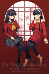 Rule 34 | 2girls, :d, ^ ^, amagi yukiko, ascot, bare shoulders, black hair, black pantyhose, blue sailor collar, blunt bangs, blush, brown footwear, cardigan, character name, closed eyes, collarbone, color connection, commentary, commission, copyright name, cosplay, costume switch, crossed legs, crossover, earrings, english commentary, female focus, floral background, full body, grey skirt, hair between eyes, hair color connection, hair over shoulder, hairband, hairstyle connection, hand on own cheek, hand on own face, hand to own mouth, hand up, highres, jewelry, knees together feet apart, kuki tan, long hair, long sleeves, look-alike, looking at another, miniskirt, multiple girls, nail polish, open mouth, pantyhose, persona, persona 4, pleated skirt, red background, red cardigan, red eyes, red hairband, red nails, round window, sailor collar, school uniform, sidelocks, simple background, sitting, skirt, smile, spy x family, trait connection, white hairband, white nails, window, yellow ascot, yor briar