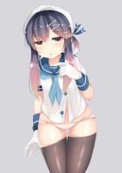 Rule 34 | 1girl, bad id, bad pixiv id, black thighhighs, blue neckerchief, blue sailor collar, gloves, gradient hair, grey background, hair ornament, hat, kantai collection, multicolored hair, ne an ito, neckerchief, no pants, open mouth, panties, puffy short sleeves, puffy sleeves, purple hair, sailor collar, sailor hat, school uniform, short sleeves, solo, thighhighs, tsushima (kancolle), underwear, white gloves, white hat, white panties, yellow eyes