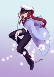 Rule 34 | 10s, 1girl, armband, black eyes, boots, brown hair, cape, cloak, female admiral (kancolle), fighting stance, full body, glasses, gloves, gradient background, hat, kantai collection, long hair, looking at viewer, military, military uniform, necktie, peaked cap, petals, ponytail, red hair, saber (weapon), semi-rimless eyewear, sidelocks, simple background, solo, sword, under-rim eyewear, uniform, weapon, white gloves, yagisaka seto, | |