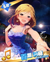 Rule 34 | 10s, 1girl, :d, beamed quavers, blush, bracelet, breasts, brown hair, card (medium), character name, character signature, cleavage, earrings, female focus, idolmaster, idolmaster million live!, jewelry, kawakami tetsuya, long hair, looking at viewer, momose rio, musical note, night, night sky, official art, open mouth, outstretched arm, outstretched hand, purple eyes, shiny skin, signature, sky, smile, solo