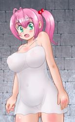 Rule 34 | 1girl, blush, breasts, copyright request, dress, duke, green eyes, nipples, open mouth, pink hair, pussy, see-through, solo, sundress, uncensored