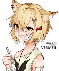 Rule 34 | 1girl, animal ears, arknights, bandaged wrist, bandages, bandaid, bandaid on arm, bandaid on cheek, bandaid on face, bandaid on nose, blonde hair, blush, character name, chewing, copyright name, earrings, eating, food, food on face, fox ears, fox girl, hair ornament, hairclip, holding, holding spoon, jewelry, necklace, notched ear, ron (59313240), scratches, shirt, short hair, single-shoulder shirt, solo, spoon, tank top, upper body, vermeil (arknights), yellow eyes