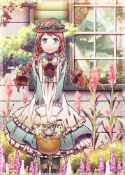 Rule 34 | 1girl, animal, anne of green gables, anne shirley, basket, blue eyes, bow, braid, cat, flower, freckles, frills, hat, highres, long hair, long sleeves, original, red hair, rose, smile, solo, standing, suou sakura, twin braids, window, world masterpiece theater