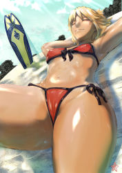 Rule 34 | beach, bikini, blonde hair, cameltoe, closed eyes, cloud, fate/grand order, fate (series), flat chest, highres, long hair, lying, mordred (fate), mordred (fate/apocrypha), mordred (swimsuit rider) (first ascension) (fate), navel, pink-tarou, sand, shiny skin, side-tie bikini bottom, sky, smile, solo, surfboard, swimsuit, tan, tanning, underwear, wet