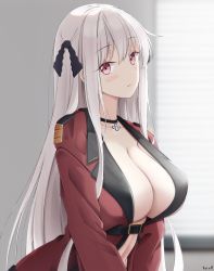 Rule 34 | 1girl, artist name, black choker, blush, breasts, choker, cleavage, closed mouth, coat, collarbone, girls&#039; frontline, griffin &amp; kryuger military uniform, hair ornament, highres, kar98k (girls&#039; frontline), keenh, large breasts, long hair, long sleeves, looking at viewer, red coat, red eyes, solo, upper body, white hair