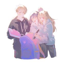 Rule 34 | 1boy, 2girls, backpack, bag, blonde hair, blue eyes, brother and sister, family, highres, holding, hood, hoodie, hoshino ai (oshi no ko), hoshino aquamarine, hoshino ruby, hug, long hair, long sleeves, mother and daughter, mother and son, multiple girls, open mouth, oshi no ko, purple hair, short hair, siblings, smile, star-shaped pupils, star (symbol), star in eye, symbol-shaped pupils, symbol in eye, tot 7399