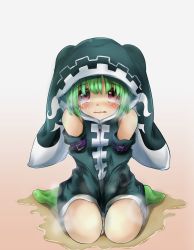 Rule 34 | 1girl, aqua dress, bare shoulders, between legs, blush, character request, darashi na panda, detached sleeves, dress, embarrassed, female focus, full body, gradient background, green socks, hand between legs, highres, hood, hooded dress, looking at viewer, nose blush, open mouth, own hands together, peeing, peeing self, puddle, red eyes, shironeko project, short dress, simple background, sitting, sleeveless, sleeveless dress, socks, solo, steam, tears, v arms, wet, wet clothes, zipper pull tab