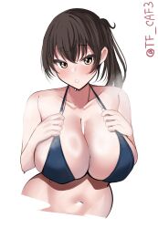Rule 34 | 1girl, bare shoulders, bikini, black bikini, blush, breasts, brown eyes, brown hair, cleavage, collarbone, highres, kaga (kancolle), kantai collection, large breasts, looking at viewer, navel, side ponytail, solo, sweatdrop, swimsuit, tf cafe, twitter username, upper body, white background