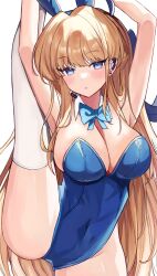 Rule 34 | 1girl, animal ears, blonde hair, blue archive, blue eyes, blue leotard, bow, bowtie, breasts, detached collar, fake animal ears, flexible, highres, large breasts, leg lift, leg up, leotard, long hair, looking at viewer, noco (no coco0), official alternate costume, playboy bunny, rabbit ears, solo, split, standing, standing on one leg, standing split, strapless, strapless leotard, thighhighs, toki (blue archive), toki (bunny) (blue archive), very long hair, white thighhighs, wrist cuffs