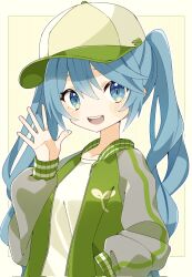 Rule 34 | 1girl, 39, aqua eyes, aqua hair, baseball cap, blush stickers, collarbone, commentary, glitch, green hat, green jacket, hand in pocket, hand up, hat, hatsune miku, highres, jacket, kusunokimizuha, long hair, looking at viewer, open mouth, shirt, smile, solo, teeth, twintails, upper body, upper teeth only, very long hair, vocaloid, waving, white shirt, yellow background