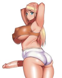 Rule 34 | 1futa, :o, armpits, arms behind head, arms up, ass, blaccura, blonde hair, blue eyes, breasts, covered erect nipples, earrings, erection, futanari, highres, hoop earrings, huge breasts, jewelry, large breasts, large penis, long hair, looking at viewer, looking back, mole, mole under mouth, original, penis, plump, short shorts, shorts, simple background, solo, sports bra, thick thighs, thighs, uncensored, underboob, white background