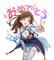Rule 34 | 1girl, blush, boots, breasts, bridal gauntlets, brown hair, cleavage, crown, hamedoragon, hand on own thigh, idolmaster, idolmaster cinderella girls, large breasts, looking at viewer, mini crown, nitta minami, puffy short sleeves, puffy sleeves, short sleeves, simple background, smile, solo, thigh boots, v, white background