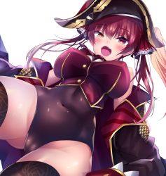 Rule 34 | 1girl, bare shoulders, blush, breasts, cameltoe, hair ribbon, hat, heterochromia, highres, hololive, houshou marine, large breasts, leotard, leotard under clothes, long hair, looking at viewer, off shoulder, open mouth, pirate hat, red eyes, red hair, ribbon, see-through, see-through leotard, shiki (catbox230123), sidelocks, skindentation, skirt, solo, spread legs, thighhighs, thighs, twintails, virtual youtuber, yellow eyes