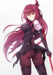 Rule 34 | 1girl, armor, ass, bodysuit, breasts, covered erect nipples, expressionless, fate/grand order, fate (series), female focus, from behind, gae bolg (fate), highres, large breasts, long hair, looking at viewer, looking back, md5 mismatch, panties, panties over pantyhose, pantyhose, pauldrons, polearm, purple bodysuit, purple hair, red eyes, resolution mismatch, sano jinya, scathach (fate), shoulder armor, sideboob, solo, source smaller, spear, underwear, very long hair, weapon