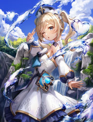 Rule 34 | 1girl, ;o, barbara (genshin impact), bare shoulders, blue eyes, blue sky, book, breasts, brown hair, cloud, day, detached sleeves, dress, genshin impact, gold trim, hair ornament, hand up, hat, heart, highres, long hair, long sleeves, looking at viewer, lunacle, nature, one eye closed, open mouth, outdoors, parted lips, puffy sleeves, sidelocks, sky, small breasts, solo, standing, tree, twintails, v, water, waterfall, white dress, white hat