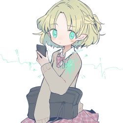 Rule 34 | 1girl, artist name, bag, blouse, blush, bow, bowtie, braid, checkered clothes, checkered skirt, collared shirt, crown braid, french braid, green eyes, highres, holding, holding bag, holding phone, long sleeves, looking at viewer, m (m073111), mizuhashi parsee, phone, pointy ears, school bag, school uniform, shirt, short hair, short ponytail, skirt, solo, sweater, touhou, twitter username, white shirt, wing collar