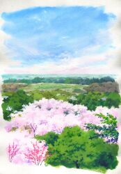 Rule 34 | blue sky, cherry blossoms, day, forest, highres, nature, original, outdoors, painting (medium), sawitou mizuki, scenery, sky, traditional media