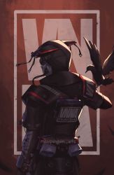 Rule 34 | 1other, animal on arm, apex legends, artist name, bird, bird on arm, black jacket, bloodhound (apex legends), commentary, crow, english commentary, from behind, goggles, helmet, highres, jacket, looking ahead, mask, miss penguin, road warrior bloodhound, solo, watermark