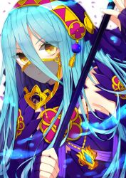 Rule 34 | 1girl, azura (fire emblem), blue hair, fire emblem, fire emblem fates, fire emblem heroes, hio141, long hair, looking at viewer, mouth veil, nintendo, simple background, solo, veil, white background, yellow eyes