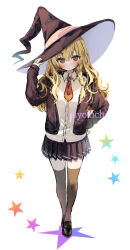 Rule 34 | 1girl, adapted costume, blonde hair, full body, hand in pocket, hand on own hip, hat, hat ornament, highres, jacket, kirisame marisa, long hair, looking at viewer, necktie, piyokichi, pleated skirt, shirt, shoes, skirt, solo, standing, star (symbol), star hat ornament, thighhighs, touhou, witch hat