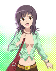 Rule 34 | 1girl, :d, bag, belt, blush, bracelet, breasts, brown eyes, brown pants, cleavage, female focus, frilled shirt, frilled sleeves, frills, green shirt, hair between eyes, halftone, halftone background, happy, highres, itsuwa, jewelry, looking at viewer, medium breasts, midriff, navel, neck, necklace, no bra, open clothes, open mouth, open shirt, pants, purple hair, shirt, short hair, smile, smile (rz), solo, tied shirt, toaru majutsu no index