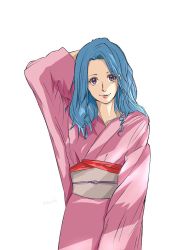 Rule 34 | 1girl, blue hair, botan (yu yu hakusho), closed mouth, commentary request, highres, japanese clothes, kimono, long hair, looking at viewer, purple eyes, simple background, smile, solo, white background, yuu yuu hakusho