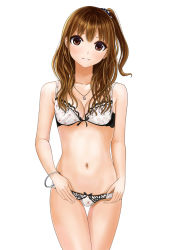 Rule 34 | 1girl, bare arms, blush, bra, bracelet, breasts, brown hair, cleavage, collarbone, cowboy shot, head tilt, jewelry, kentaurosu, long hair, looking at viewer, medium breasts, navel, necklace, one side up, original, panties, parted lips, pendant, side ponytail, simple background, solo, standing, stomach, thigh gap, underwear, underwear only, white background