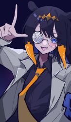 Rule 34 | 1girl, absurdres, black hair, black shirt, blue eyes, blush, coat, coke-bottle glasses, collared shirt, commentary, dark background, dress shirt, fang, glasses, highres, hololive, hololive english, lab coat, lapels, long hair, looking at viewer, mentally deficient, multicolored hair, necktie, ninomae ina&#039;nis, notched lapels, official alternate costume, open mouth, orange hair, pointing, round eyewear, shirt, simple background, solo, tentacle hair, two-tone hair, upper body, virtual youtuber, white coat, wing collar, yellow necktie