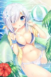 Rule 34 | 10s, 1girl, alternate costume, alternate hairstyle, beach, bikini, blue eyes, blush, bracelet, breasts, flower, food, frilled bikini, frills, hair flower, hair ornament, hair over one eye, hairclip, hamakaze (kancolle), highres, inflatable toy, jacket, jewelry, kantai collection, large breasts, leaf, looking at viewer, looking up, navel, palm tree, partially submerged, popsicle, see-through, short hair, silver hair, sitting, solo, strap pull, striped bikini, striped clothes, swimsuit, tomoo (tomo), tree, water, white bikini, yellow jacket