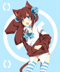 Rule 34 | 1girl, amaya enaka, animal ears, bad id, bad pixiv id, bell, blue eyes, bow, bowtie, brown hair, cat ears, cat girl, cat tail, female focus, hair ornament, original, solo, striped clothes, striped thighhighs, tail, tentani, thighhighs