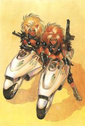 Rule 34 | 2girls, ammunition belt, android, animal ears, annapuma, armor, bandolier, big hair, blonde hair, cat ears, dominion (manga), dominion tank police, leather, motor vehicle, motorcycle, multiple girls, pauldrons, shirou masamune, shoulder armor, siblings, sisters, spikes, thighhighs, traditional media, unipuma, vehicle, weapon