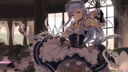Rule 34 | 1girl, :&gt;, azur lane, belfast (azur lane), blush, braid, breasts, chain, chair, choker, cleavage, closed mouth, cup, curtains, day, decantering, dress, flower, head tilt, highres, holding, indoors, large breasts, light purple hair, long hair, looking at viewer, maid headdress, plant, potted plant, purple eyes, saucer, shoes, smile, solo, standing, standing on one leg, steam, table, teacup, teapot, v-shaped eyebrows, very long hair, white legwear, window, yoshino ryou