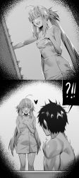 Rule 34 | !?, 1boy, 1girl, ahoge, artoria caster (fate), artoria pendragon (fate), bare shoulders, bathing, bathtub, blush, breasts, closed eyes, collarbone, fate/grand order, fate (series), fujimaru ritsuka (male), greyscale, highres, hxd, long hair, monochrome, open mouth, short hair, small breasts, smile, towel, twintails