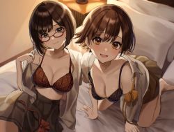 Rule 34 | 2girls, :d, all fours, bed, black bra, black skirt, blush, bow, bowtie, bra, breasts, brown eyes, brown hair, cleavage, fang, fang out, glasses, green eyes, highres, honda mio, idolmaster, idolmaster cinderella girls, indoors, kudou (sikisiki0000), large breasts, looking at viewer, maekawa miku, medium breasts, multiple girls, on bed, open clothes, open mouth, open shirt, orange bow, pillow, red-framed eyewear, red bow, red bra, shirt, short hair, sitting, skirt, smile, underwear, white shirt