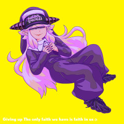 Rule 34 | 1girl, clothes writing, cross, cyclops, english text, fingernails, full body, habit, hat, hat writing, highres, holding, holding cross, horns, long hair, long sleeves, mixed-language commentary, monster girl, nun, one-eyed, original, parted lips, pink eyes, pink hair, san mamiya, shoes, sidelocks, sneakers, solo, traditional nun, yellow background