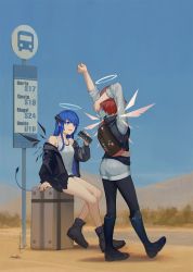 Rule 34 | 2girls, 3four, arknights, bag, bare legs, bare shoulders, black footwear, black leggings, black pants, blue eyes, boots, breasts, bus stop sign, commentary, demon tail, desert, energy wings, english commentary, exusiai (arknights), halo, hood, hooded jacket, hoodie, jacket, jewelry, knee boots, leggings, long hair, long sleeves, medium breasts, mostima (arknights), multiple girls, off shoulder, outdoors, pants, pantyhose, red hair, shirt, short hair, short shorts, shorts, sitting, sleeveless, sleeveless jacket, stretching, suitcase, tail, white shirt