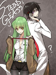 Rule 34 | 1boy, 1girl, 5pb., back-to-back, black hair, breasts, c.c., cellphone, cleavage, code geass, cosplay, creayus, green hair, height difference, jacket, lab coat, lelouch vi britannia, long hair, makise kurisu, makise kurisu (cosplay), necktie, unworn necktie, nitroplus, okabe rintarou, okabe rintarou (cosplay), pantyhose, phone, red necktie, science adventure, shorts, steins;gate, yellow eyes