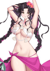Rule 34 | 1girl, absurdres, armpits, arms up, bead necklace, beads, bikini, black hair, blush, braid, breasts, chest tattoo, cleavage, facial mark, fate/grand order, fate (series), flower, forehead mark, hair flower, hair ornament, highres, jewelry, large breasts, long hair, looking at viewer, mergerri, multicolored hair, navel, necklace, parted lips, pink flower, pink hair, sarong, sessyoin kiara, sessyoin kiara (swimsuit mooncancer), sessyoin kiara (swimsuit mooncancer) (first ascension), shell, shell necklace, simple background, solo, stomach, streaked hair, swimsuit, tattoo, thighs, twin braids, very long hair, white background, wide hips, yellow eyes