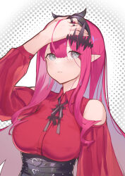 Rule 34 | 1girl, absurdres, baobhan sith (fate), breasts, clothing cutout, corset, fate/grand order, fate (series), grey eyes, hairband, highres, jewelry, large breasts, long hair, long sleeves, pink hair, pointy ears, red shirt, ring, shirt, shoulder cutout, sidelocks, solo, tiara, underbust, ura illust
