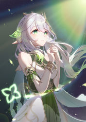 Rule 34 | 1girl, absurdres, aged up, armlet, bare shoulders, bracelet, braid, breasts, commentary request, cowboy shot, dress, genshin impact, green eyes, hair ornament, hands up, highres, jewelry, large breasts, lightria, long hair, nahida (genshin impact), own hands together, pointy ears, solo, white dress, white hair