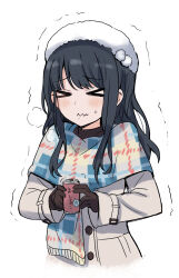 Rule 34 | &gt; &lt;, 1girl, black hair, breath, brown gloves, brown sweater, can, closed mouth, coat, cold, dot nose, furrowed brow, gloves, gougoku, hat, highres, holding, holding can, idolmaster, idolmaster shiny colors, kazano hiori, long hair, long sleeves, mole, mole under mouth, motion lines, plaid clothes, plaid scarf, pom pom (cheerleading), scarf, shiruko (food), simple background, solo, sweatdrop, sweater, turtleneck, turtleneck sweater, two-tone scarf, upper body, wavy mouth, white background, white coat