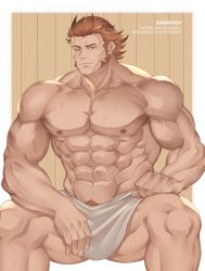 Rule 34 | 1boy, abs, absurdres, bara, bare pectorals, brown hair, character request, feet out of frame, granblue fantasy, highres, large pectorals, long sideburns, looking at viewer, male focus, mature male, muscular, muscular male, naked towel, navel, nipples, one eye closed, pectorals, pubic hair, pubic hair peek, sauna, short hair, sideburns, sitting, smile, solo, spread legs, stomach, sweat, thick thighs, thighs, towel, zagghov