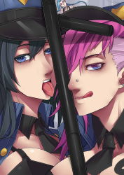 Rule 34 | 3girls, :o, alternate costume, blue eyes, breasts, caitlyn (league of legends), cleavage, close-up, exaxuxer, hat, highres, jinx (league of legends), large breasts, league of legends, multiple girls, naughty face, officer caitlyn, officer vi, pink hair, police, police hat, police uniform, policewoman, purple eyes, tonfa, tongue, uniform, vi (league of legends), weapon