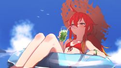 Rule 34 | 1girl, ahoge, alternate costume, bikini, blue sky, blush, commentary request, day, drink, drinking, drinking straw, drinking straw in mouth, flat chest, flower knight girl, front-tie bikini top, front-tie top, hara shoutarou, hat, highres, innertube, long hair, low ponytail, outdoors, red bikini, red eyes, red hair, sky, solo, straw hat, swim ring, swimsuit, tougarashi (flower knight girl), water